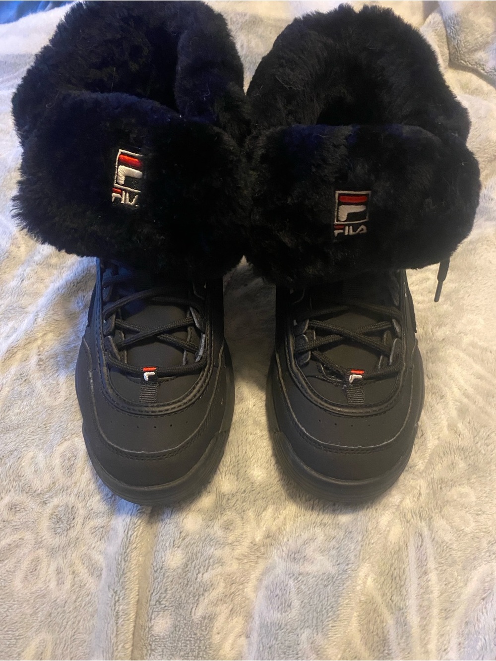 Fila Disruptor Black Faux-Fur Cuffed Ankle Boots with Red & White Logo